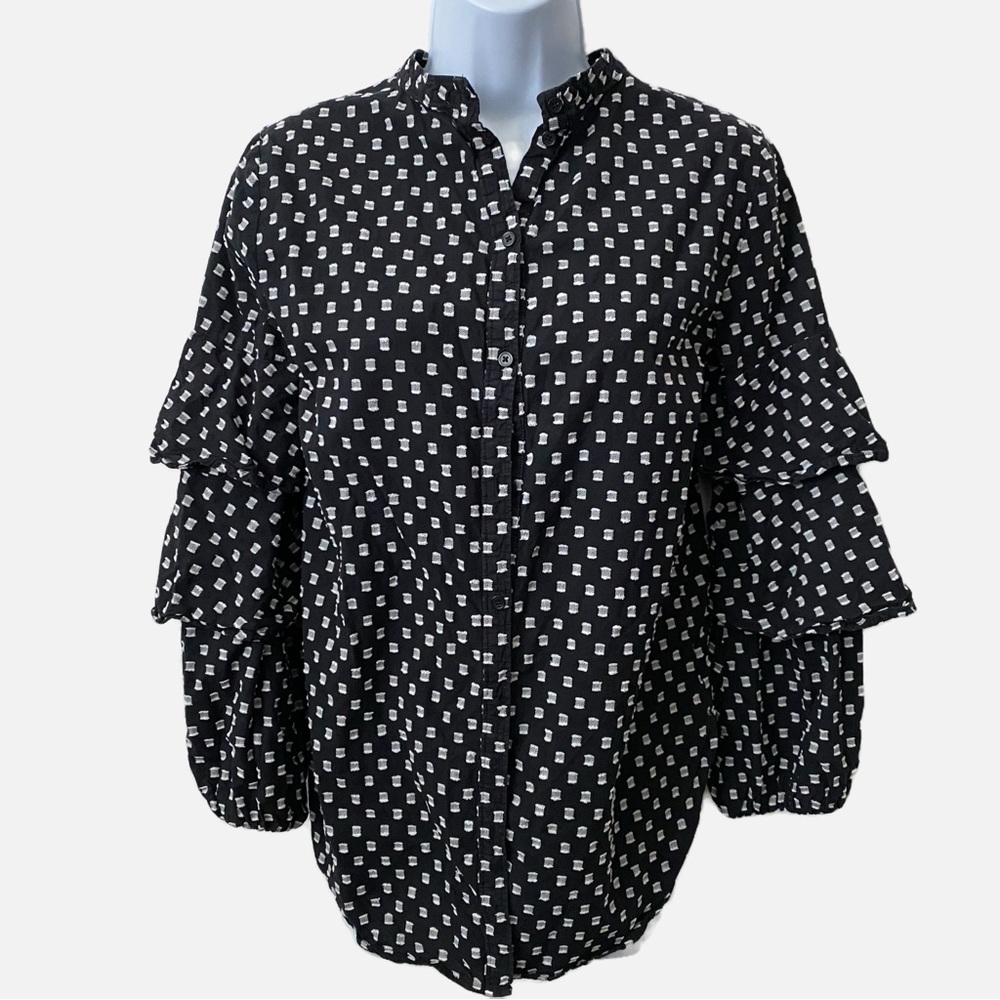 Black and White Mandarin Collar, Tiered Bishop Sleeve Top